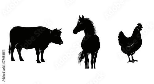 Farm Animals Silhouettes Cow Horse and Chicken Domestic Livestock Icons