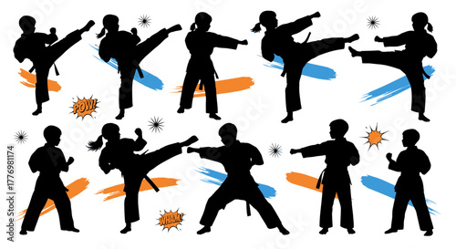Dynamic karate kids silhouettes training martial art discipline