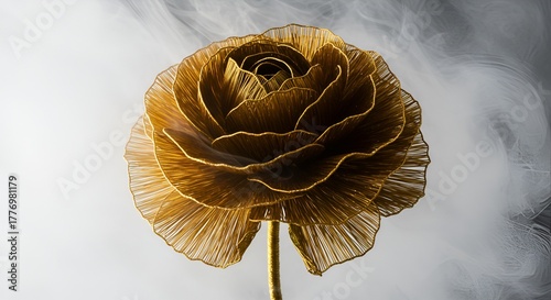A stunning golden floral sculpture blooms in ethereal white smoke creating flow and beauty