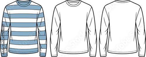 cad drawing flat vector illustration, long sleeve shirt front and back view, fashion sketch, striped and plain design template