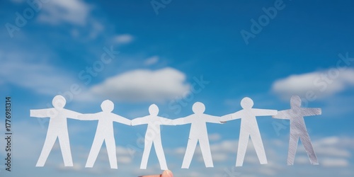 Inspiring Authentic Community Building and Human Connection Unified Paper People Chain Against Blue Sky for Modern Social Media Marketing Content