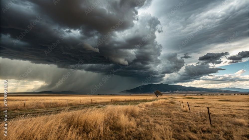 Fototapeta premium A dramatic storm gathering above a field of dry grass
