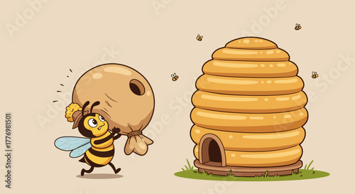 A determined bee carries a sack towards its beehive home.