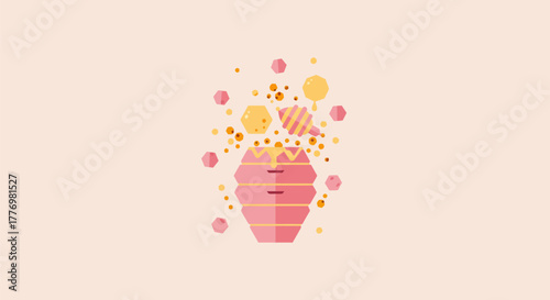 Abstract illustration of a pink vase with colorful decorations and elements.
