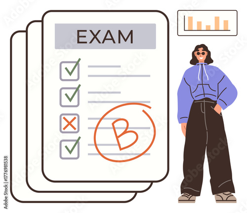 Exam paper showing checked answers, grade B, student in casual clothing, and performance chart. Ideal for education, student evaluation, self-assessment, academic performance, achievement report