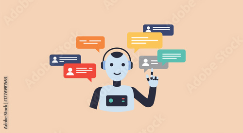 Artificial intelligence robot interacting with multiple communication bubbles.