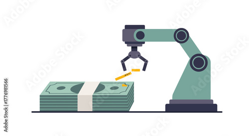 Automated financial system - Robot arm extracting money from a stack.