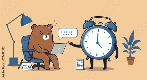 Bear working on laptop with clock, focused on time management and productivity.