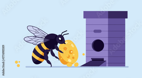 Bee carrying honeycomb near beehive, illustration of honey production.