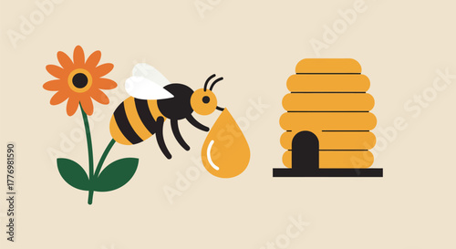 Bee collecting nectar from flower near beehive, nature concept.