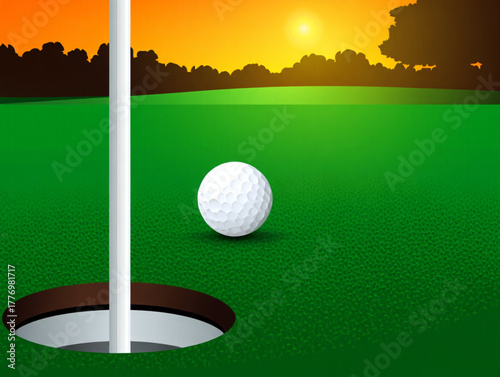 Golf ball on green near hole at sunset