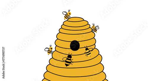 Cartoon beehive with bees buzzing around, a symbol of nature.