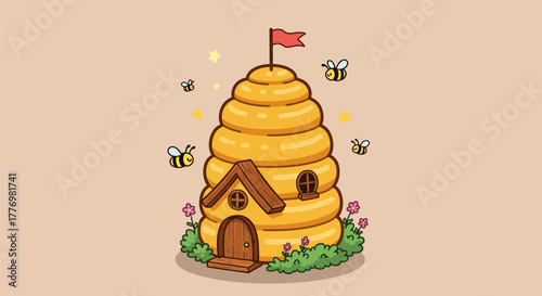 Cartoon beehive with bees flying around the cute house.