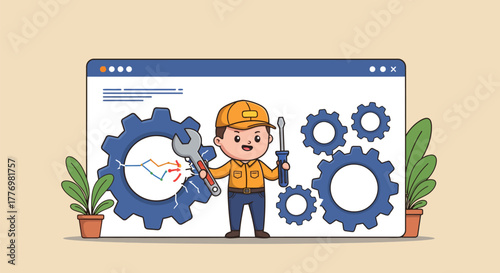 Cartoon illustration of a web developer fixing a broken website.