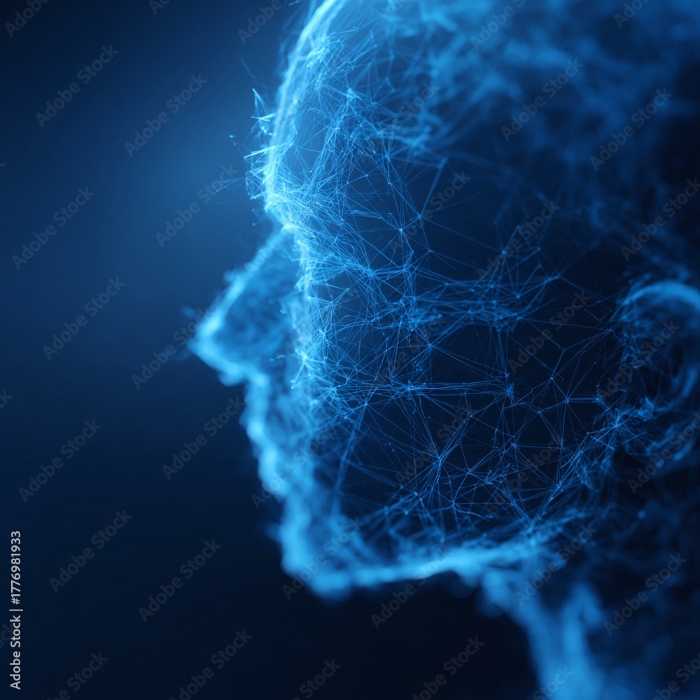 Fototapeta premium Stunning AI headshot with intricate glowing network connections, perfect for tech, science, and innovation concepts with a modern, futuristic feel
