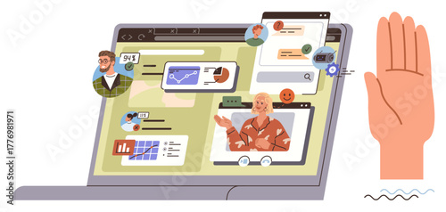 Laptop displaying video calls, chat windows, graphs, and data a hand gesture emphasizes interaction. Ideal for teamwork, productivity, remote work, multitasking, online learning digital