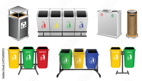 Set of Outdoor Trash Bins for Public Spaces and Shopping Centers or pedestrian.