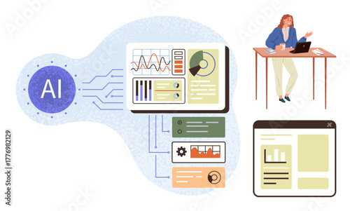 AI processing visual graphs, charts, and reports connected to circuits. Businesswoman works on laptop. Ideal for data visualization, AI, workflow, technology, business analysis innovation simple