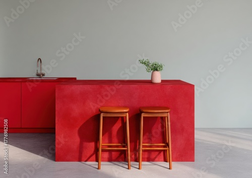 Bold Cherry Red Modern Kitchen Island Inspiring Interior Design for Contemporary Home Decor Marketing and Editorial Use