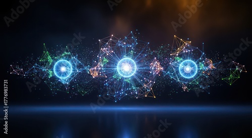 Three glowing energy cores interconnected by a complex digital plexus network on a reflective surface.