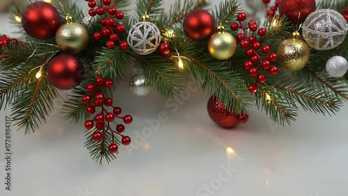 festive banner backdrop constructed from seasonal foliage and holiday ornaments  presented from a top-down perspective with space for