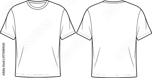 Detailed technical flat sketch of basic short sleeve crew neck t-shirt front and back view, fashion apparel CAD drawing vector illustration