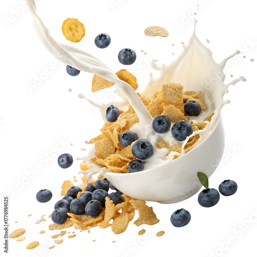 Breakfast Cereal Splash: Milk, Blueberries, Corn Flakes - Healthy Morning Meal on transparent background