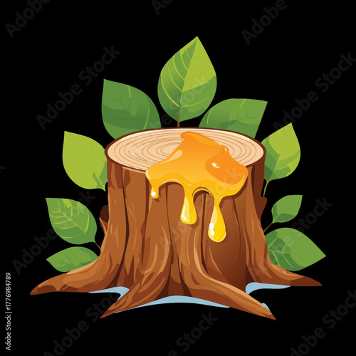 Dark tree stump plants with a generous drizzle of golden honey dripping down the side illustration