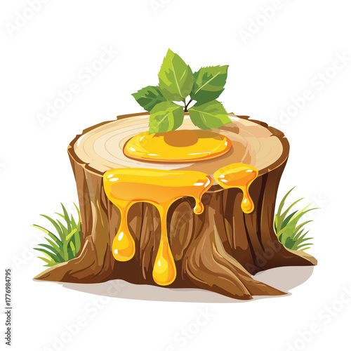 Tree stump plants with a generous drizzle of golden honey dripping down the side illustration