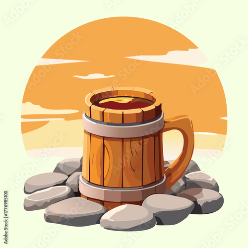 A wooden tankard resting on smooth stones at sunset, surrounded by simple outdoor plants