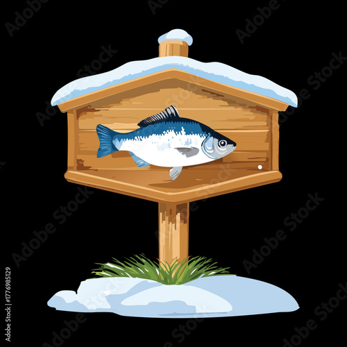 Signpost plants with a blue fish in the snow, representing cold winter wilderness and fishing spot