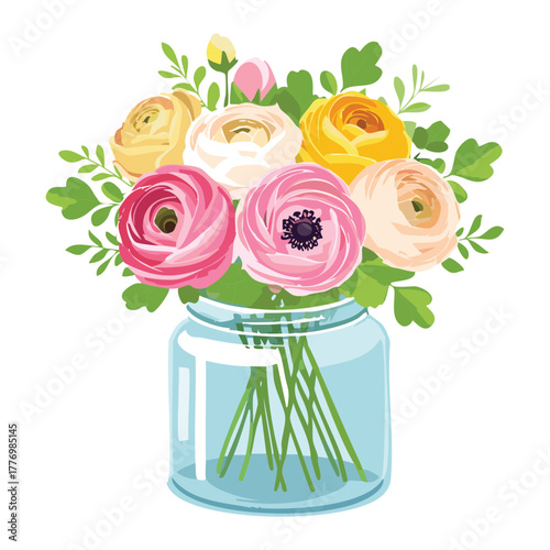 Stunning full bouquet of charming mixed ranunculus plants in a clear glass mason jar decoration