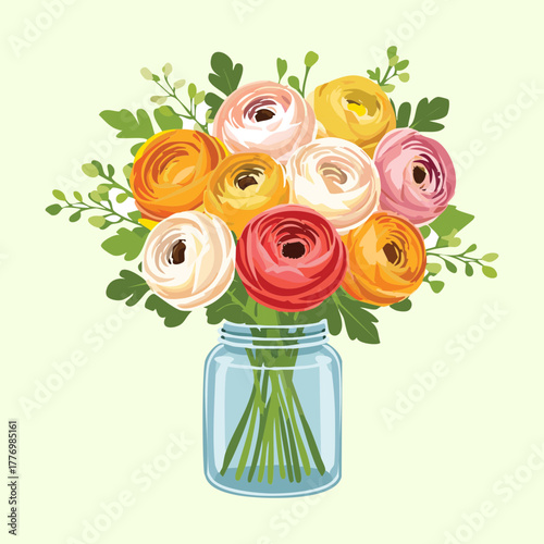 A full colorful bouquet of various ranunculus plants beautifully arranged in a clear glass mason jar