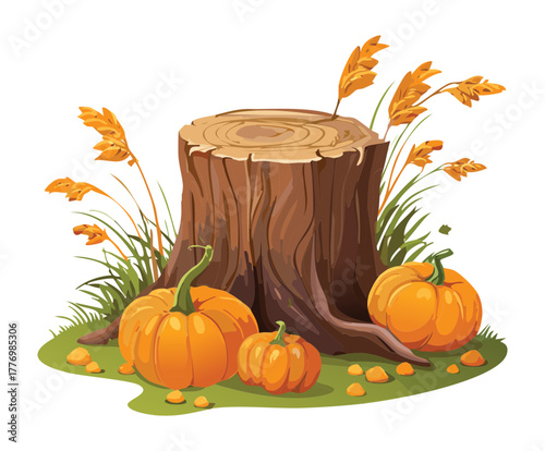 Tree Stump with Pumpkins and Wheat Plants in a Vibrant Autumn Harvest Scene Illustration