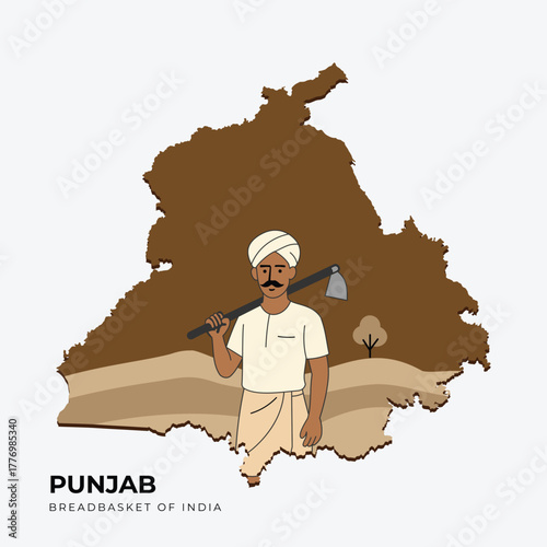 Minimalistic 2d flat vector map of Punjab with farmer illustration for Punjab Foundation Day