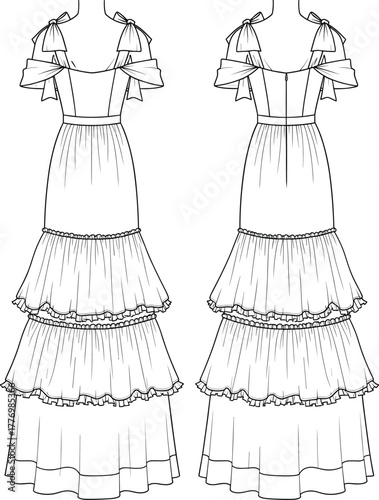 Elegant layered ruffle maxi dress technical flat sketch, women fashion CAD drawing with frill sleeves and tiered skirt detailed vector illustration