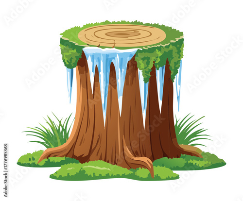 Large Tree Stump with Dangling Icicles and Green Plants in a Freezing Winter Environment