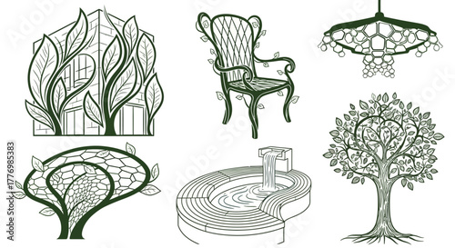 Biophilic Design Vector Elements, nature-integrated architecture and objects for modern design projects