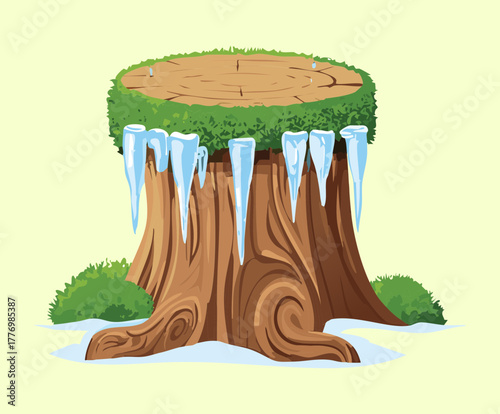 Massive Tree Stump with Dangling Icicles and Green Plants in a Freezing Winter Environment