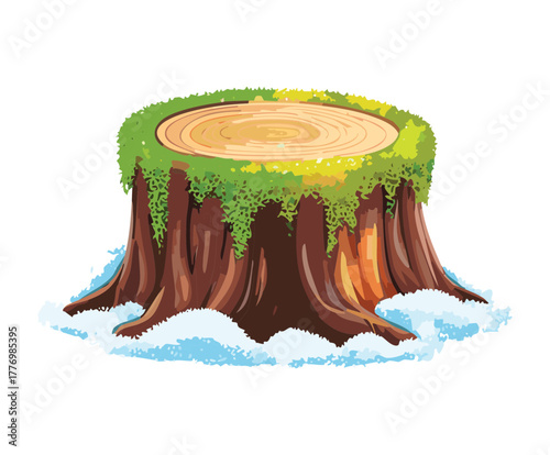 Thick Tree Stump with Green Moss and Small Plants Covered in Patches of White Snow