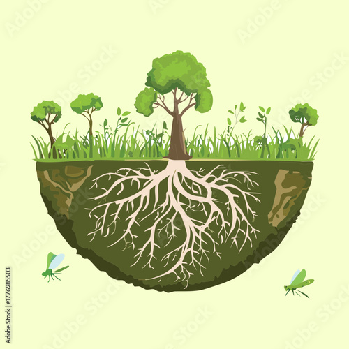 Small floating earth plants island with a tree and roots on a simple natural base