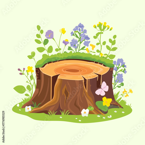 Tree stump plants with colourful flowers and moss in a bright sunny meadow under clear skies