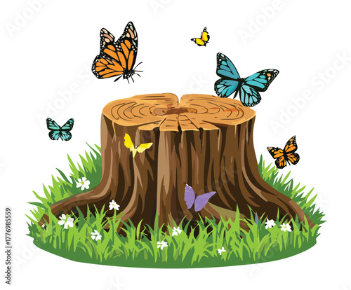 Large tree stump plants covered with butterflies and flowers in a bright sunny woodland setting