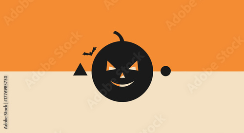 Minimalist Halloween graphic featuring a black jack-o'-lantern with abstract shapes on an orange and beige background.