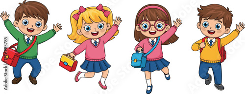 Cartoon school children, happy students, colorful uniforms, backpacks, excited kids, education concept, animated characters, classroom theme, white background, illustration