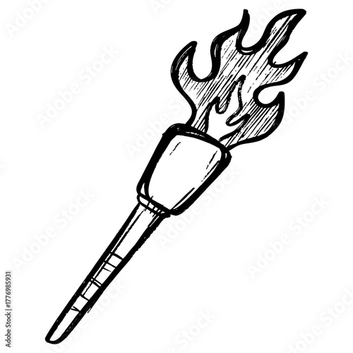 Black and white doodle illustration of a burning torch with flame. Hand drawn sketch style, perfect for design elements, icons, logos, adventure themes, survival concepts, or vintage artwork.