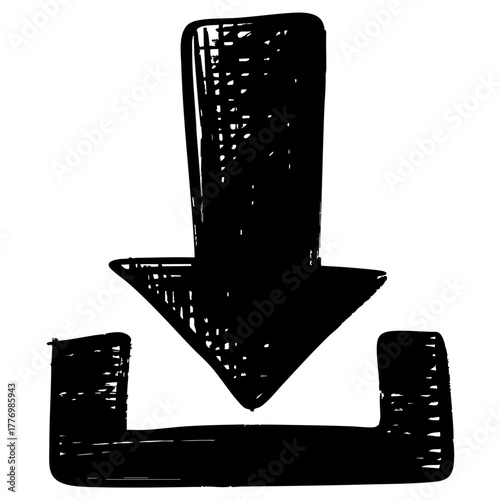 black hand drawn download arrow icon with a rough sketch style. Simple and minimalistic symbol for user interface, app button, website, infographic, and digital design projects.