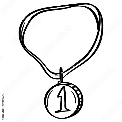 Black and white hand drawn illustration of a first place medal with a ribbon. Simple doodle style design representing success, achievement, championship, and victory.