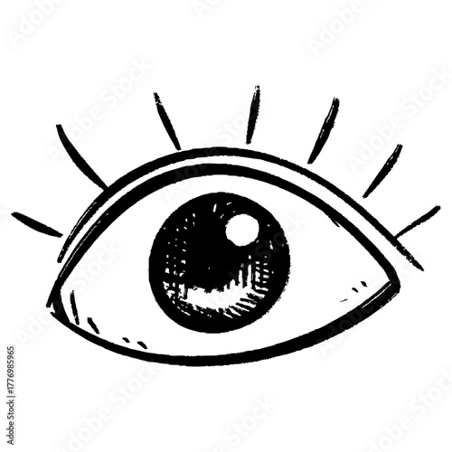 Minimalist hand drawn eye icon in black and white with sketch style decorative lines above the eye.