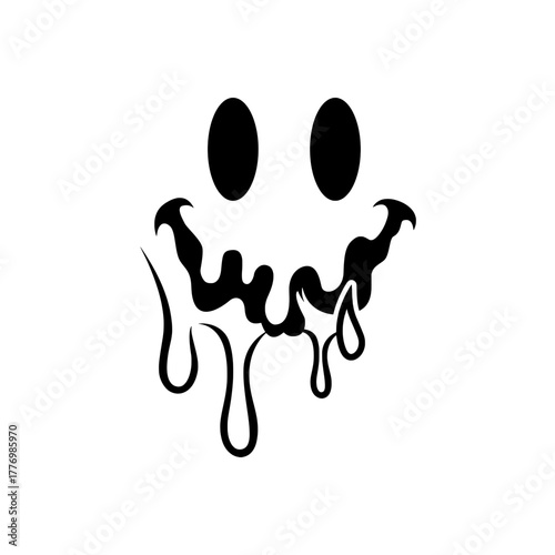 Melting smiley, bold retro groovy dripping face vector in grunge style, perfect for stickers, tees, posters and Halloween. 
